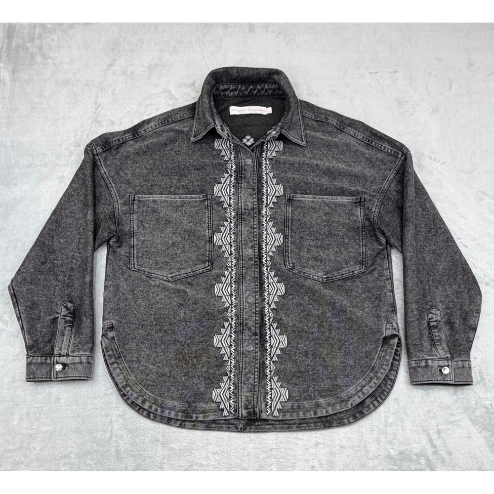 Kittenish Flag Anthem Womens Shacket Shirt Jacket S Black Acid Wash Embroidered